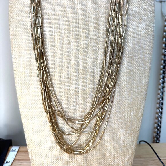 Coldwater Creek Long Layered Gold-Tone Necklace With Multi-Strand Tubular Beads - Picture 1 of 9